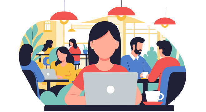 People working on laptops in a modern cafe or co-working space, representing remote work, freelance, and collaborative business environments.