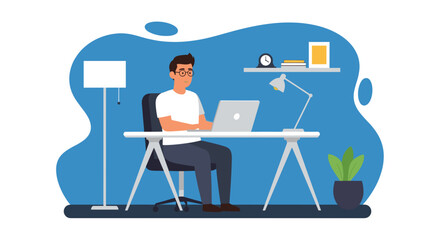 Young man working focused on laptop at a modern home office desk. Ideal for concepts of remote work, online learning, business, and productivity.