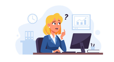 A confused businesswoman at her office desk, pondering a problem or question, symbolizing challenge, uncertainty, or decision-making in a corporate setting.