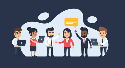 Diverse business professionals collaborate, sharing ideas and communicating effectively in a modern corporate setting. Ideal for themes of teamwork, innovation, and partnership.