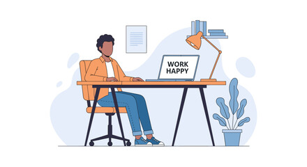 Happy person working from home on laptop, embracing remote work and digital lifestyle. Concept of productivity and flexible employment.