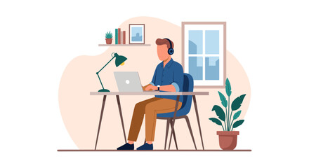 Focused man with headphones working on laptop at modern home office desk. Illustrates remote work, online education, and digital lifestyle.