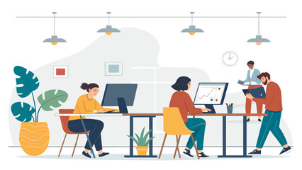 Diverse team collaborating and working diligently in a bright, modern open-plan office environment. Ideal for business, productivity, and professional themes.