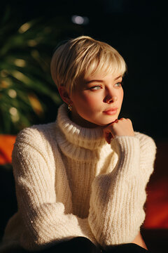 model portrait pixie haircut turtleneck sweater indoor stylish woman sitting in cozy room