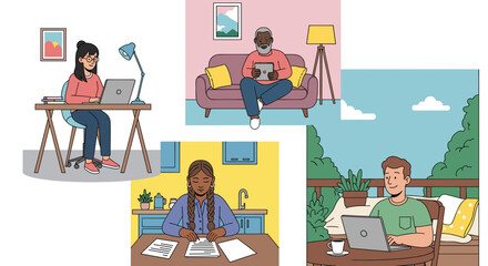 Diverse individuals engaged in modern living: working, learning, and relaxing at home with laptops, tablets, and documents.