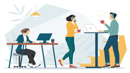 Productive professionals collaborate in a modern, flexible office setting, utilizing technology for communication and efficient work solutions.