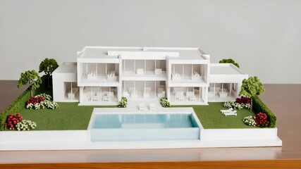 Architectural Model Displaying a Modern White Building with Swimming Pool and Green Landscaping - Powered by Adobe