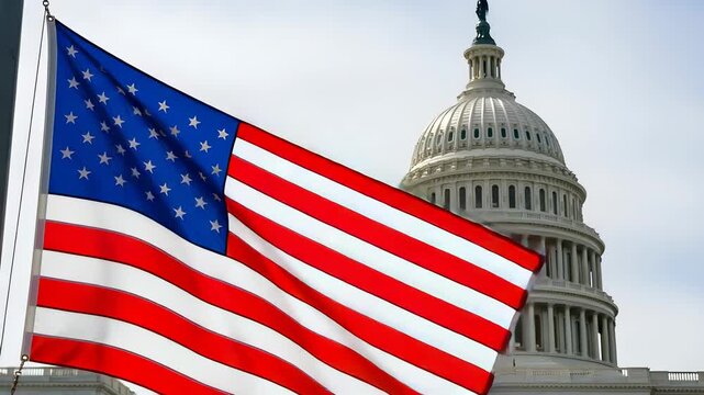 American Flag Waving Near US Capitol Building with White Dome and Pillared Facade Under Blue Skies