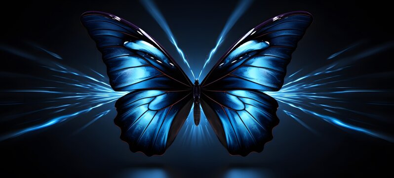 The black background contrasts sharply with the bright blue light emitted by the butterfly,generative AI