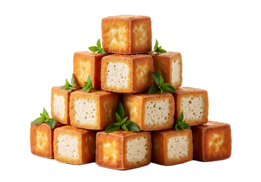 Golden fried tofu cubes stacked pyramid style with fresh basil leaves isolated on a transparent background