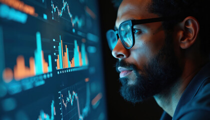 African American data analyst examines glowing computer screen with financial charts, graphs. Focused man in glasses studies market trends, planning business strategy. Insightful pro analyzing data