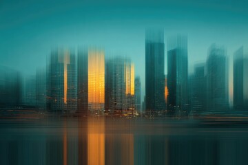 Blurry cityscape at dawn/dusk, reflecting on water