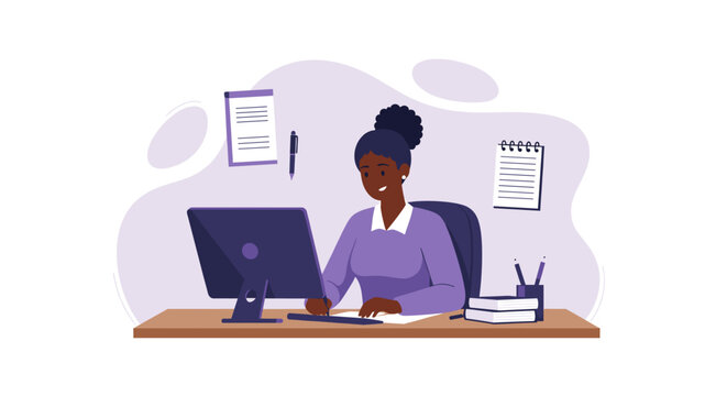 Smiling African American businesswoman working efficiently at an office desk on a computer. Ideal for business, remote work, and productivity concepts.