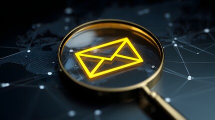 Magnifying glass focuses on email icon, highlighting communication and search in a digital networked world. 