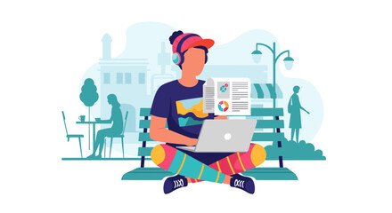 Person working on laptop outdoors with headphones, representing remote work, flexible education, and modern digital lifestyle in a city park.