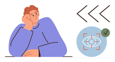 Thinking figure resting on hand, focus icon with eye, checkmark, and directional arrows. Ideal for strategy, focus, reflection, planning decision-making mindfulness goal setting. Simple flat