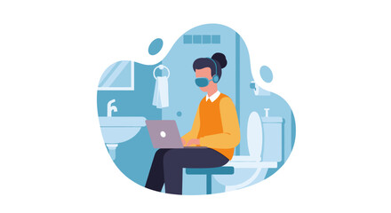 Dedicated worker in headphones and sunglasses, focused on laptop while working remotely from an unconventional home bathroom setup.