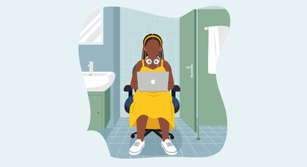 Focused Black woman working on a laptop in a bathroom, symbolizing remote work adaptability and the blurring lines of home office life.