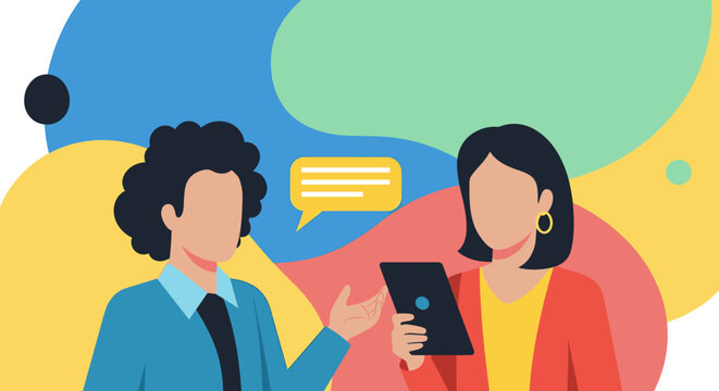 Two diverse individuals engaging in a digital discussion or meeting, highlighting modern communication and collaborative technology use.