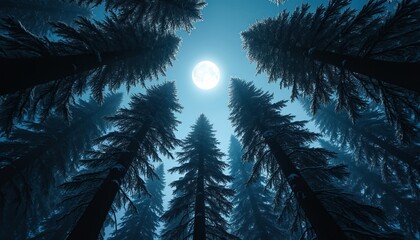 Low angle view of tall evergreen trees against a clear night sky with a bright full moon. The scene is dark and mystical, with branches dusted in snow, suggesting a cold winter forest.