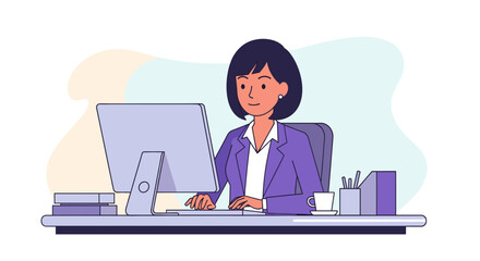 Professional woman working diligently at a computer desk, representing productivity, remote work, and business tasks. Ideal for corporate, education, or freelance themes.