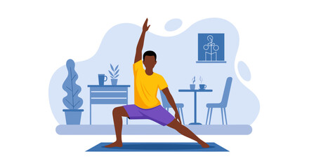 Young man practicing yoga at home in a reverse warrior pose, promoting wellness, balance, and healthy living. Perfect for health and lifestyle designs.