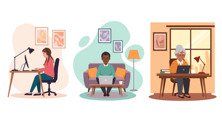 Diverse individuals working and learning remotely from comfortable home environments, illustrating modern remote work, online education, and digital lifestyle flexibility.