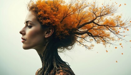 Surreal double exposure portrait of woman with autumn tree fused into her hair, neck. Orange leaves fall gently. Features serene female face with conceptual, artistic blend of nature, human form.