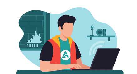 Young professional focused on laptop work from a comfortable home office, symbolizing remote productivity, digital connectivity, and modern lifestyle.