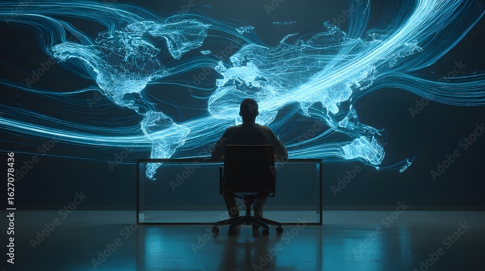 Poster a person sits before a world map rendered in glowing blue lines, possibly visualizing data flow or g