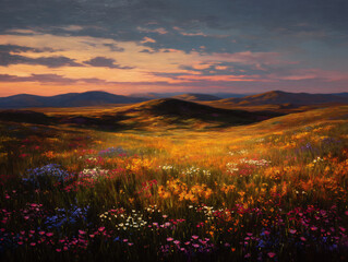 Obraz premium wildflowers nature dusk landscape rolling hills warm evening with wildflowers on soft terrain