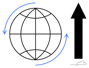 Globe with latitude and longitude lines, upward arrow symbolizing progress, and two rotating curved arrows. Ideal for growth, globalization, progress, innovation, success, sustainability future