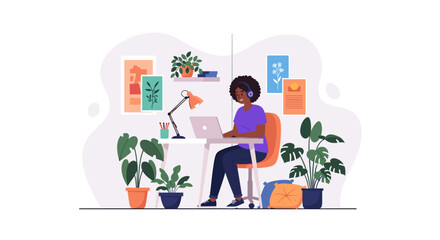 Smiling woman works remotely on laptop at a bright home office desk. Concepts of flexible work, productivity, remote lifestyle, and online learning.