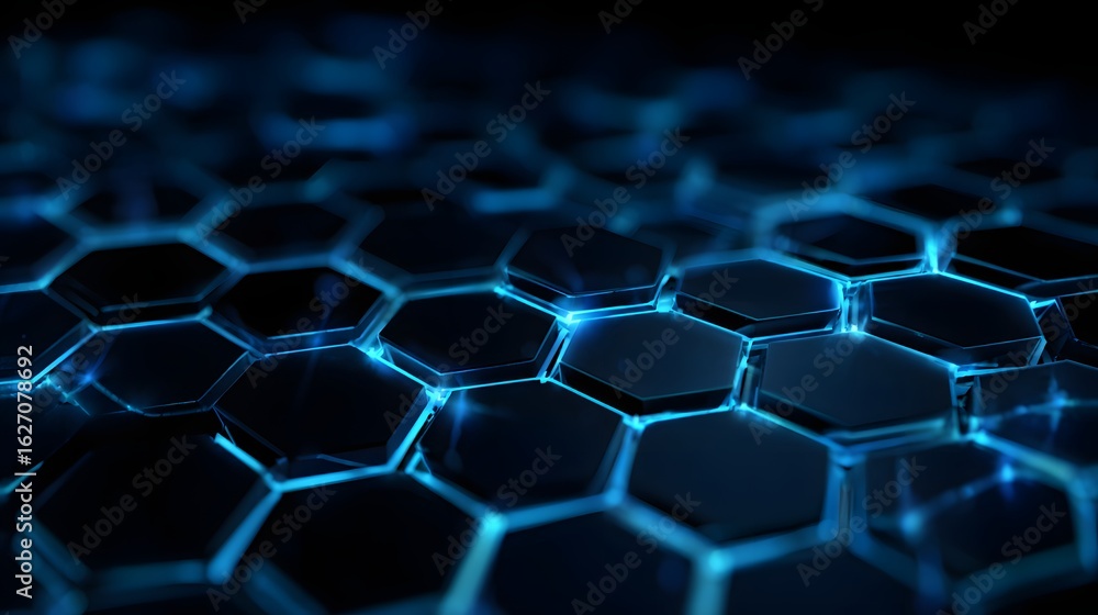 Aufkleber a close-up of dark hexagons with neon blue glowing edges arranged in a grid pattern, creating a futu