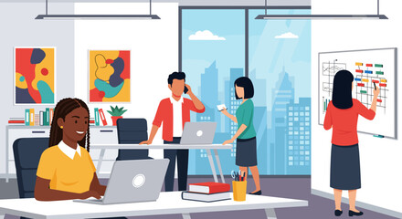 Busy professionals collaborating and working productively in a modern, vibrant office space with city views, highlighting teamwork and innovation.