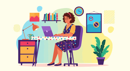 Happy woman working remotely from her vibrant home office. Illustrates flexible work, freelancing, and digital productivity.