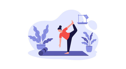 Woman in Lord of the Dance yoga pose at home. Illustrates wellness, balance, fitness, and healthy lifestyle concepts.