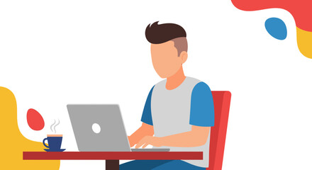Modern illustration of a person working on a laptop with a hot coffee, symbolizing productivity, remote work, and digital lifestyle.