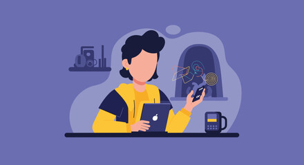 Illustration of a person using a tablet and smartphone for creative work or online tasks, representing technology, remote work, and digital lifestyle.