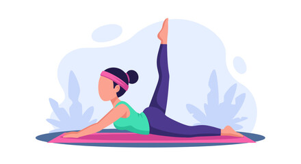 Young woman practicing yoga on a mat, demonstrating flexibility and balance. Ideal for concepts of health, fitness, wellness, and mindful living.