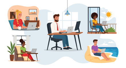 People working remotely from diverse locations: home, office, balcony, and beach. Illustrates modern work flexibility, productivity, and work-life balance.