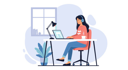 Focused woman in headphones working remotely on a laptop at a home office desk, illustrating productivity, online learning, or modern business lifestyle.