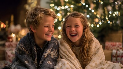 Two joyful children are wrapped in cozy blankets in front of a Christmas tree, sharing a moment of laughter and holiday cheer.