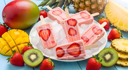 Refreshing strawberry mango popsicles surrounded by fresh tropical fruits create a vibrant summer treat
