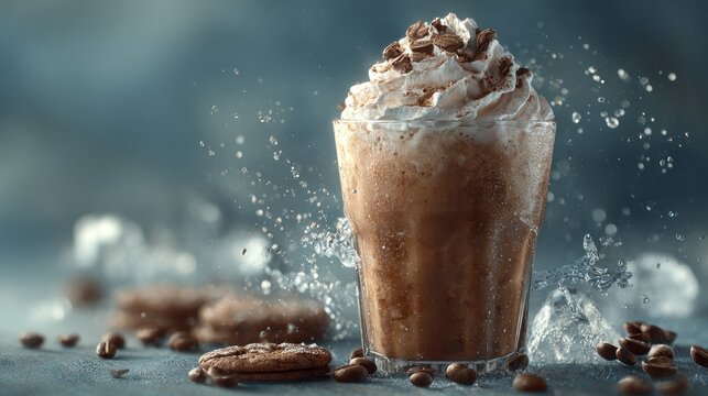 Frozen coffee drink with cream topping surrounded by water splashes elegance