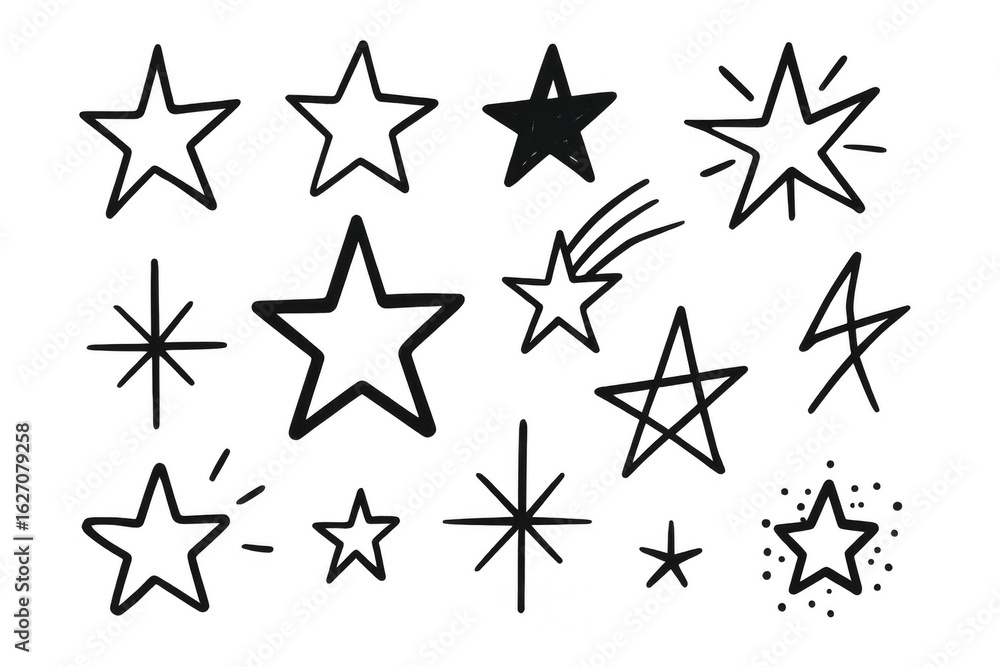 Poster set of various doodle stars with different styles, creating a playful and whimsical design on a tran