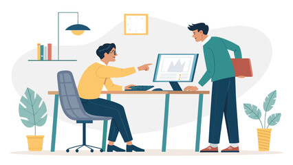 Two professional men collaborating in an office, discussing data on a computer screen. Ideal for business, teamwork, and modern office concepts.