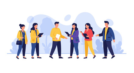 Diverse business professionals collaborate and discuss ideas in a modern, dynamic work environment. Ideal for themes of teamwork, consulting, and corporate success.