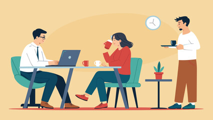 Business colleagues or friends enjoy coffee and productivity in a vibrant office or cafe setting, illustrating modern work-life balance.
