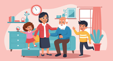 Happy multi-generational family moments at home, with grandparents and children sharing love and joy. Ideal for themes of family values, care, and lifestyle.